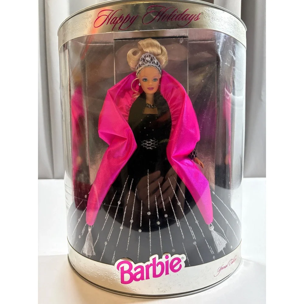 Happy Holidays Barbie Doll Special Edition 1998 Black Gown Pink Wrap Sparkle - Picture 11 of 13